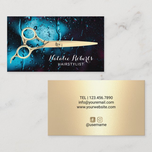 Carte De Visite Hair Stylist Gold Ciseau Rainy Window Salon (Devant / Derrière)