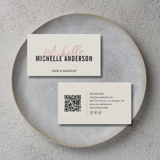 Carte De Visite Hair Stylist Modern Neutral Beige QR Code (Hair Stylist Modern Neutral Beige QR Code Business Card)