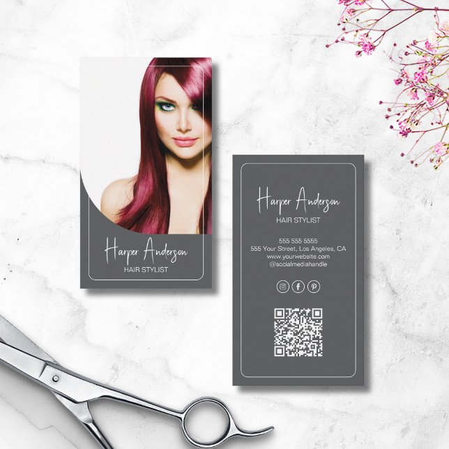 Carte De Visite Hair Stylist Salon Custom Photo QR Gray (Hair Stylist Salon Custom Photo QR Gray Business Card)