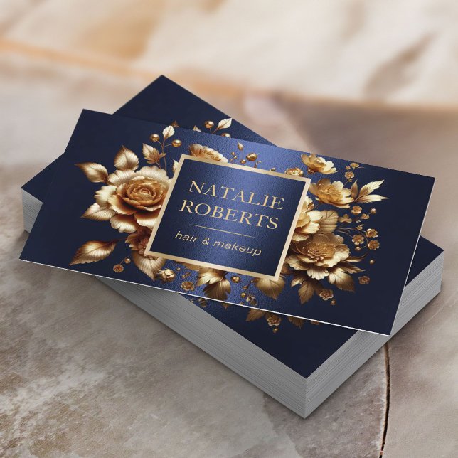 Carte De Visite Hair Styliste Luxe Gold 3D Floral Navy Blue Salon (Créateur téléchargé)