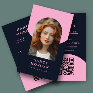Carte De Visite Hairstyliste arch photo QR code rose et marine