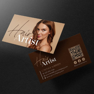 Carte De Visite Hairstyliste Brown tendance Photo QR Code