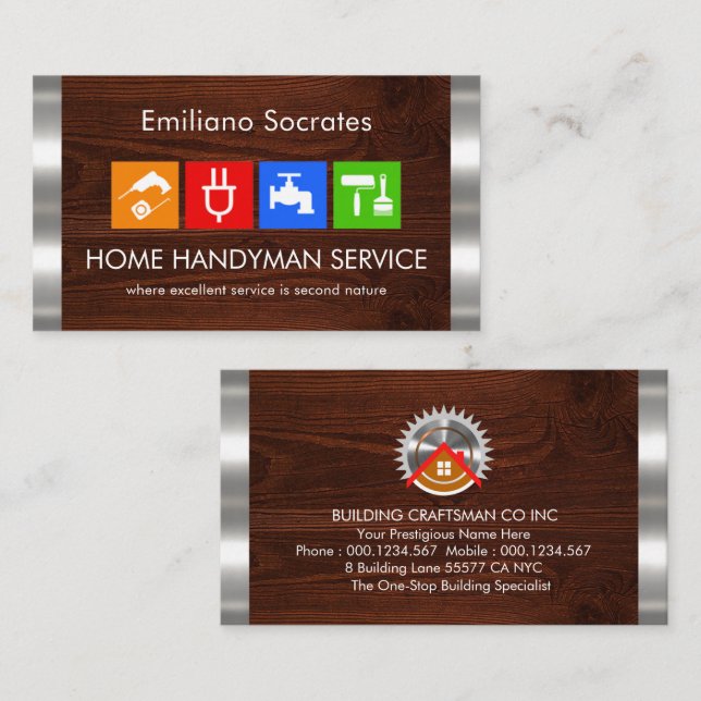 Carte De Visite Handyman Bois Bois Argent (Devant / Derrière)
