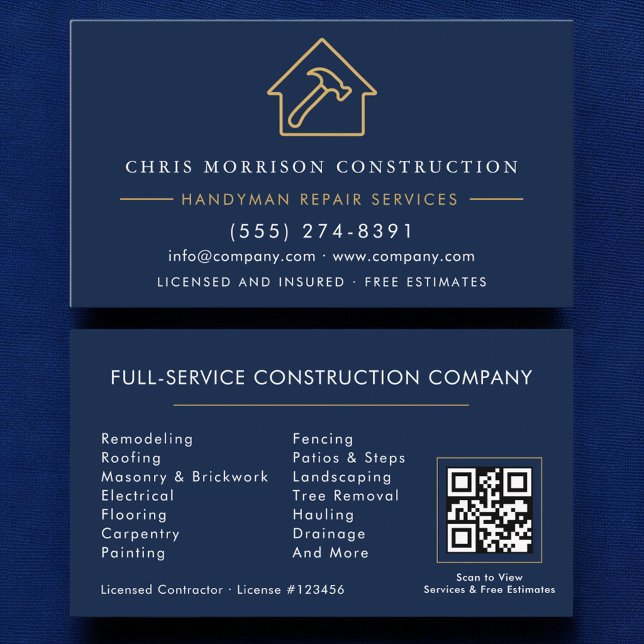 Carte De Visite Handyman Construction Navy Blue Gold QR Code (Créateur téléchargé)