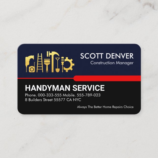 Carte De Visite Handyman Outils sur Blue Black Red Line (Devant)