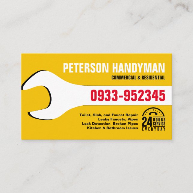 CARTE DE VISITE HANDYMAN PLUMBING 24 HEURES D'URGENCE OUTIL WRENCH (Devant)