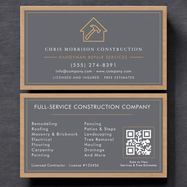 Carte De Visite Handyman QR Code Wood Construction Professional (Créateur téléchargé)