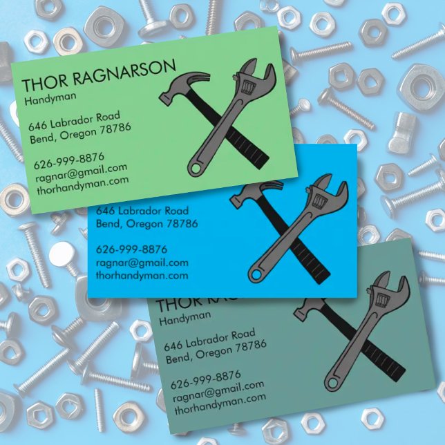 Carte De Visite Handyman Réparation de maison Construction Brassag (Handyman custom business card with illustration of wrench and hammer. Add your own text change color)