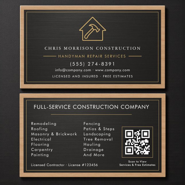 Carte De Visite Handyman Wood Metallic Construction Black Gold  (Créateur téléchargé)