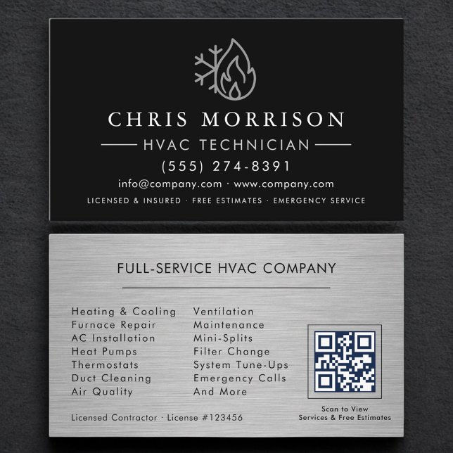 Carte De Visite Heating & Cooling HVAC QR Code Black (Créateur téléchargé)