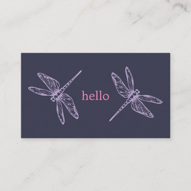 Carte De Visite Hello blue purple dragonflies insects illustration (Devant)
