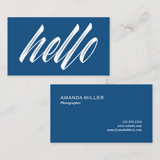 Carte De Visite Hello Modern White Script sur Blue (Devant / Derrière)
