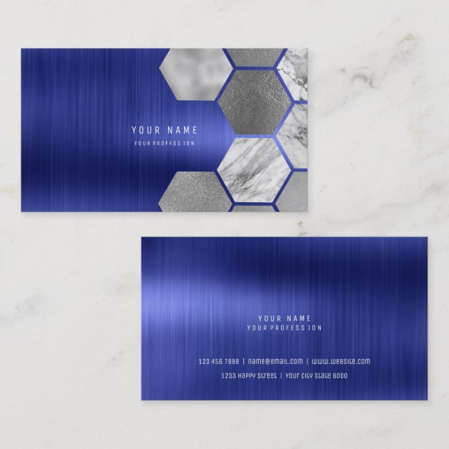 Carte De Visite Hexagone Cobalt Sapphire Marbre en acier métalliqu (Devant / Derrière)