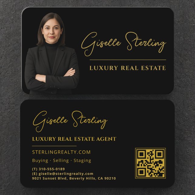 Carte De Visite High End Real Estate Black Gold QR Code (Créateur téléchargé)