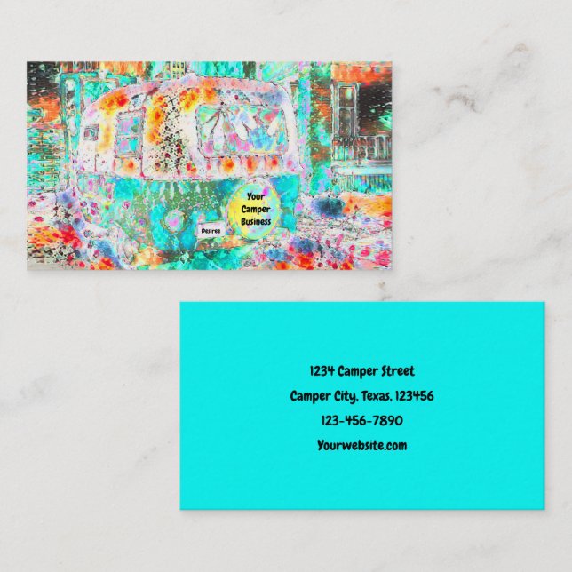 Carte De Visite Hippie Camper Turquoise White Girl Glamping (Devant / Derrière)