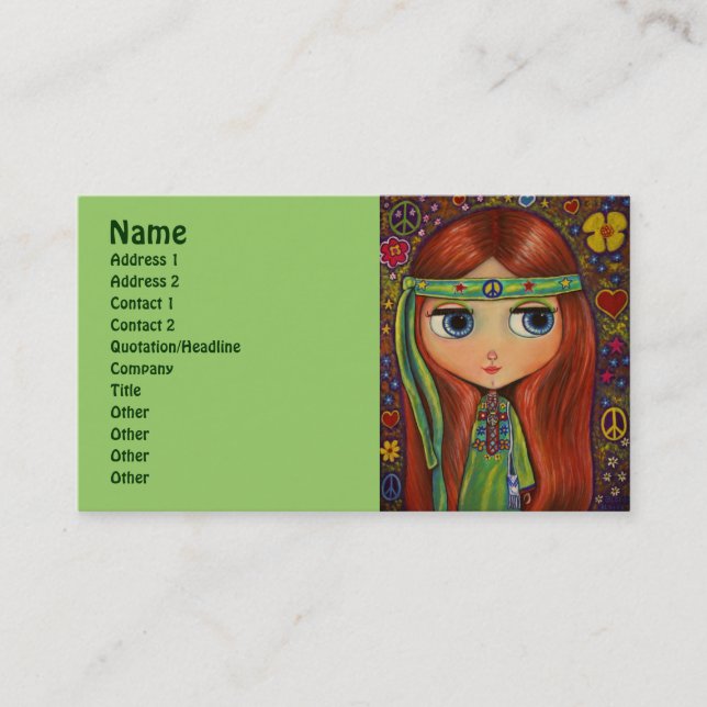 Carte De Visite Hippie verte avec le bandeau de signe de paix (Devant)