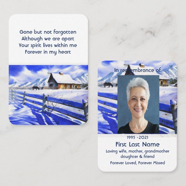 Carte De Visite Hiver ferme cheval Memorial Poche Keepsaké (Devant / Derrière)