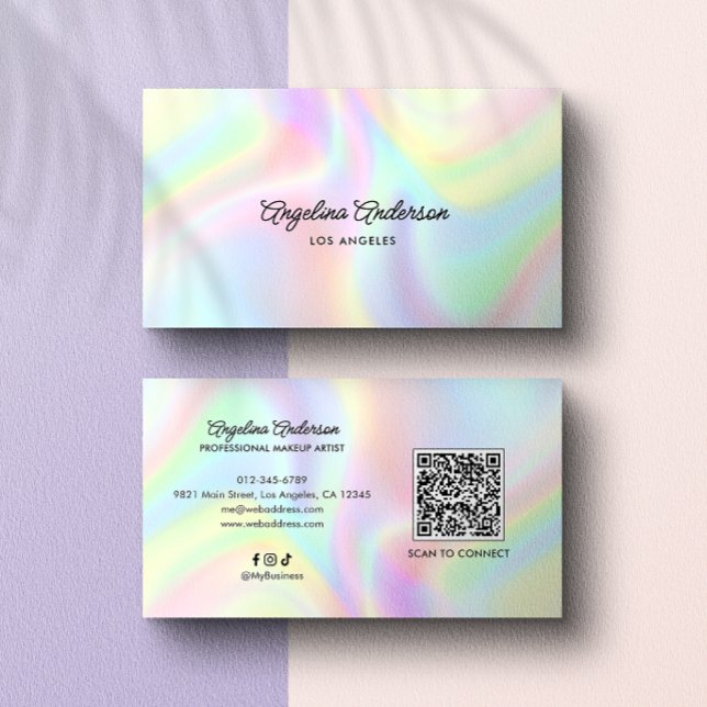 Carte De Visite Holographic Elegant Script QR Code Social Media (Créateur téléchargé)