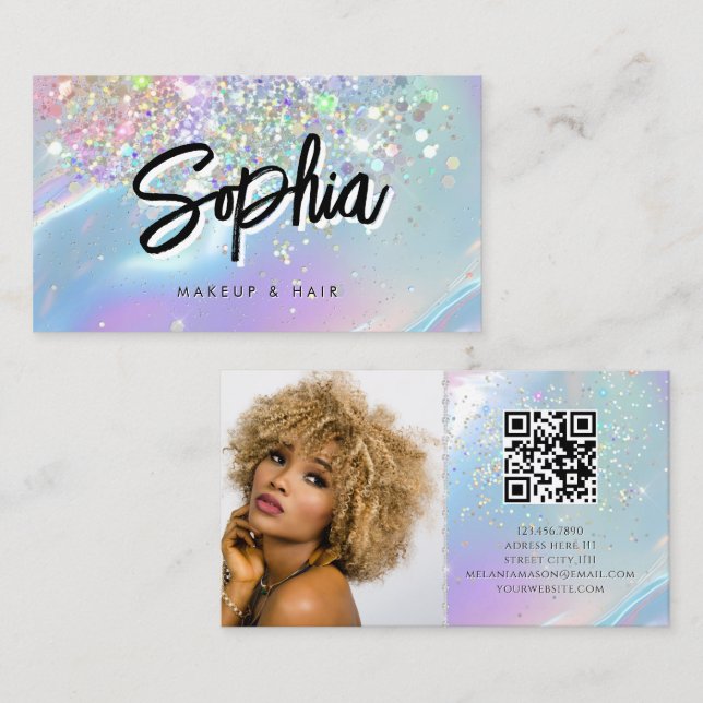 Carte De Visite Holographic Opal QR Code Logo Shiny Beauty (Devant / Derrière)