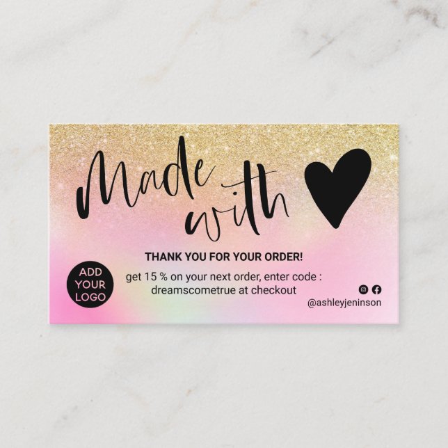 Carte De Visite Holographique en or chic merci fait avec amour (Devant)