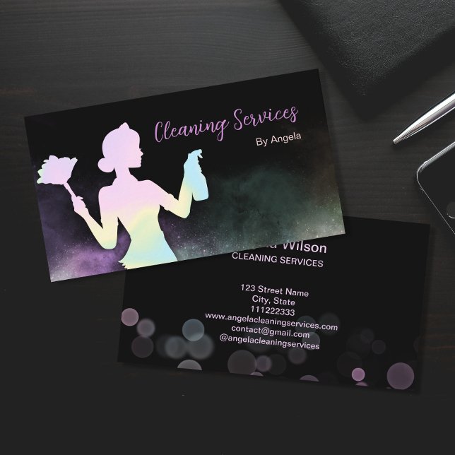 Carte De Visite Holographique Services De Nettoyage De Fille Chic  (Créateur téléchargé)