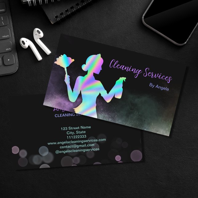 Carte De Visite Holographique Services De Nettoyage De Fille Chic  (Créateur téléchargé)