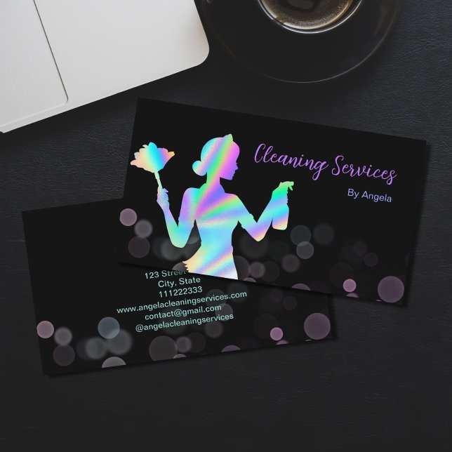 Carte De Visite Holographique Services De Nettoyage De Fille Chic  (Créateur téléchargé)