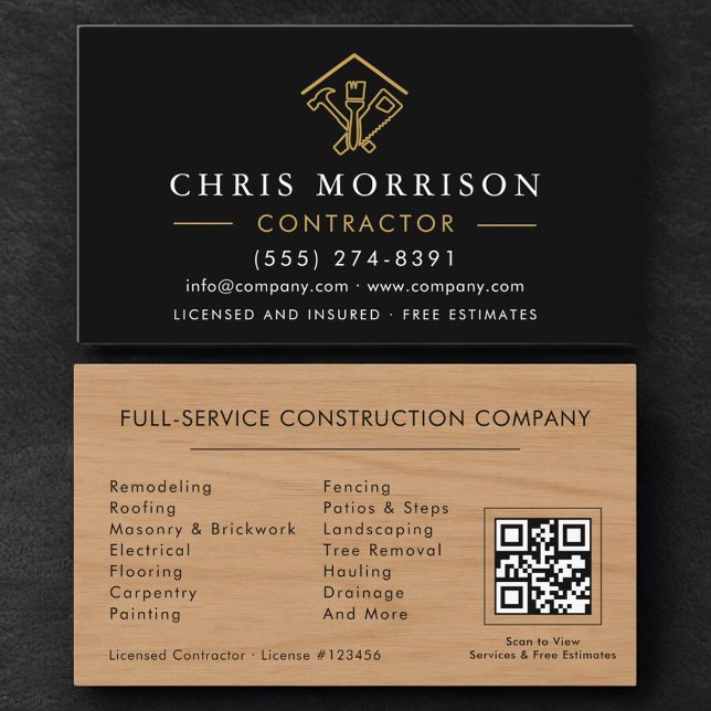 Carte De Visite Home Improvement Black Gold QR Code Wood  (Créateur téléchargé)