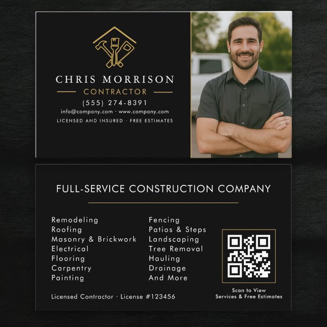Carte De Visite Home Improvement QR Code Photo Black Gold (Créateur téléchargé)