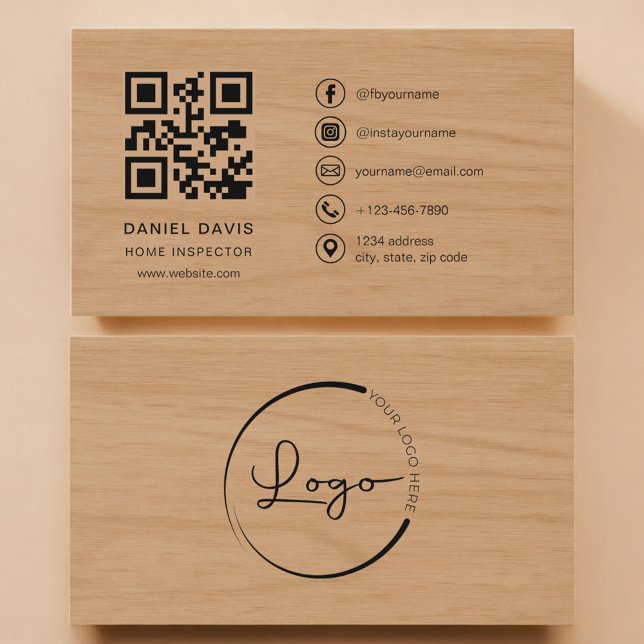 Carte De Visite Home Inspector Wood Professional QR Code (Créateur téléchargé)