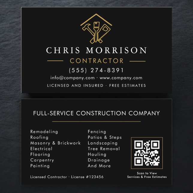 Carte De Visite Home Repairs Contractor Black Gold QR Code (Créateur téléchargé)