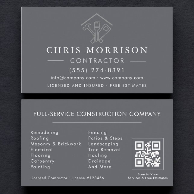 Carte De Visite Home Repairs Contractor Gray Silver QR Code (Créateur téléchargé)