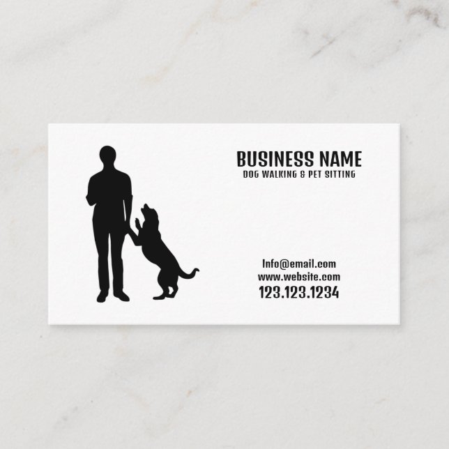 Carte De Visite Homme noir & blanc moderne Silhouette Chien Marche (Devant)
