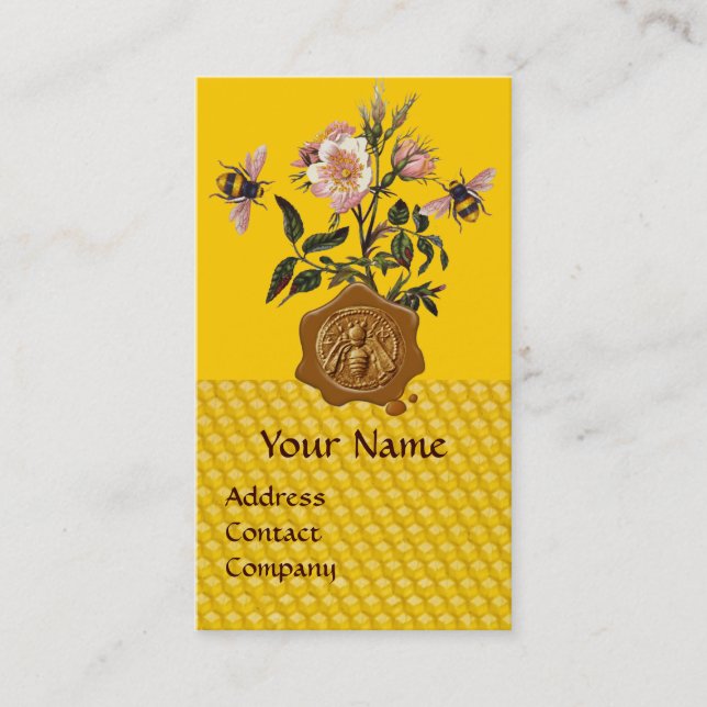CARTE DE VISITE HONEY BEE AND WILD ROSES, BEEKEEPER WAX SEAL (Devant)