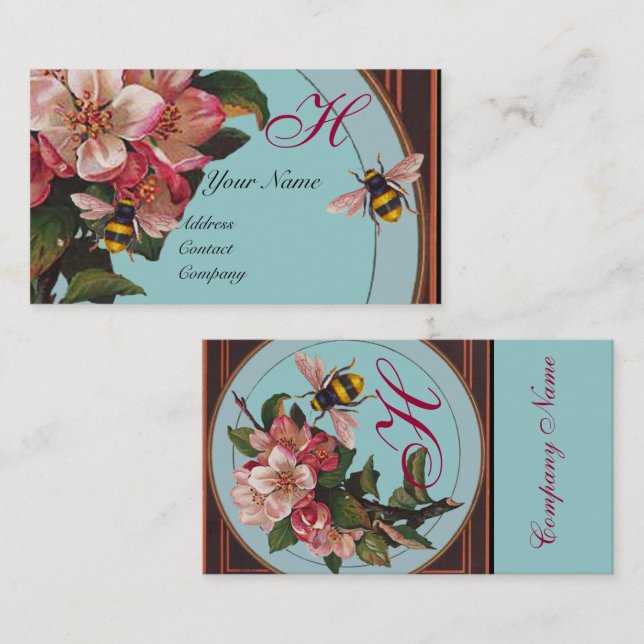 CARTE DE VISITE HONEY BEES ET ROSES SAUVAGES DANS SKY BLUE MONOGRA (Devant / Derrière)
