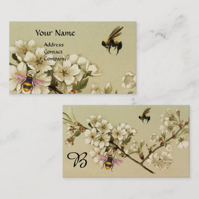 Carte De Visite HONEY BEES ET ROSES SAUVAGES MONOGRAM Pearl (Devant / Derrière)