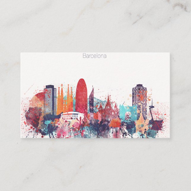Carte De Visite Horizon de ville d'aquarelle de Barcelone (Devant)