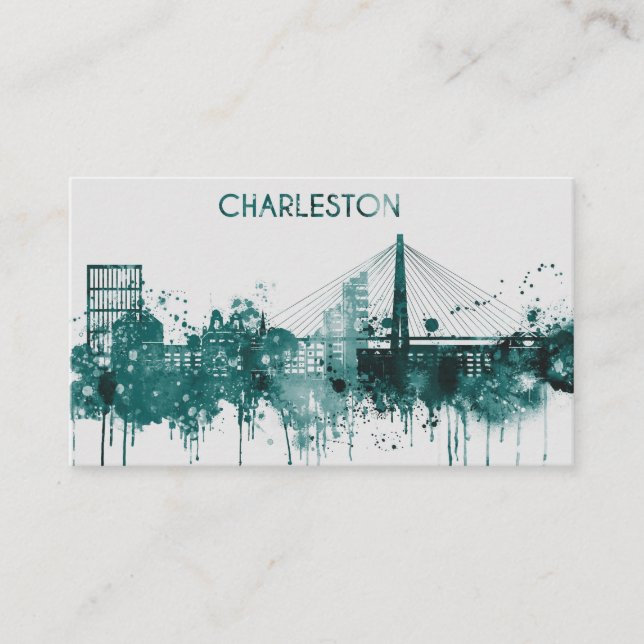 Carte De Visite Horizon de ville d'aquarelle de Charleston (Devant)