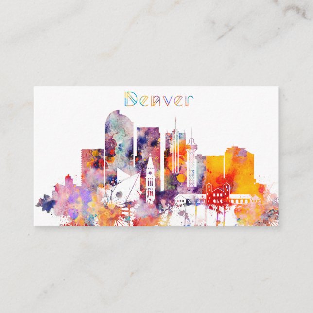Carte De Visite Horizon de ville de Denver d'aquarelle (Devant)