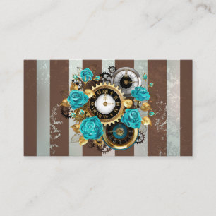 Carte De Visite Horloge à vapeur et Roses turquoise sur le sol