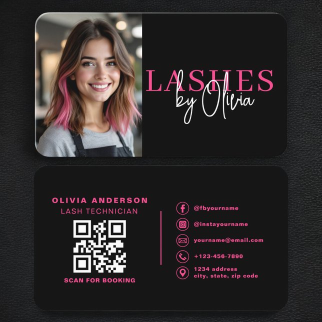 Carte De Visite Hot Pink Black Lash Technician Photo QR Code (Créateur téléchargé)
