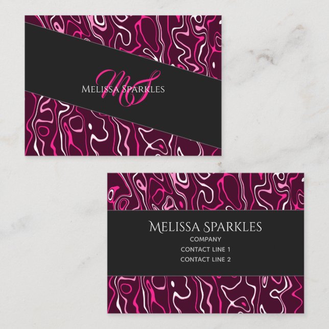 Carte De Visite Hot pink damascus abstract swirls Custom Monogram (Devant / Derrière)