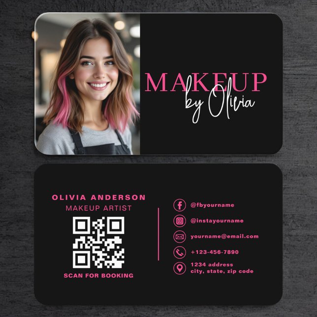 Carte De Visite Hot Pink Photo Makeup Artist QR Code (Créateur téléchargé)