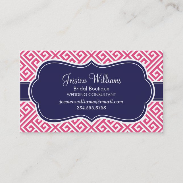 Carte De Visite Hot rose et marine Blue Greek Key Motif (Devant)