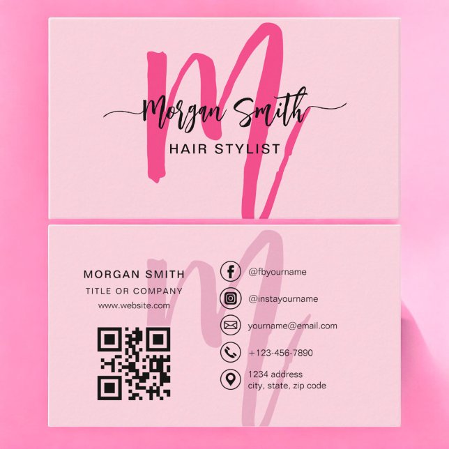 Carte De Visite Hot Rose Modern Script QR Code Nom du monogramme (Créateur téléchargé)