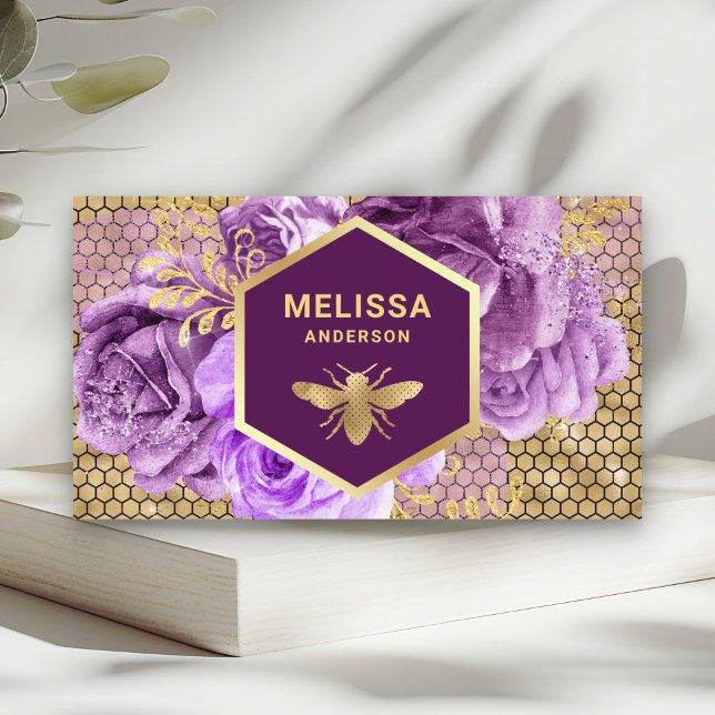 Carte De Visite Huile d'or violet floral Abeille de miel (Créateur téléchargé)