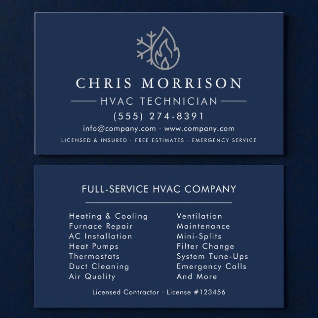 Carte De Visite HVAC Navy Blue Silver  (Créateur téléchargé)