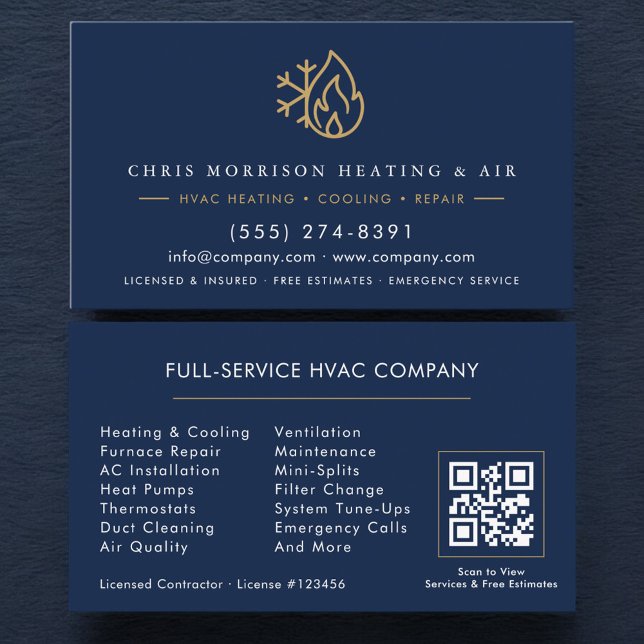 Carte De Visite HVAC Services Company Navy Blue Gold QR Code (Créateur téléchargé)