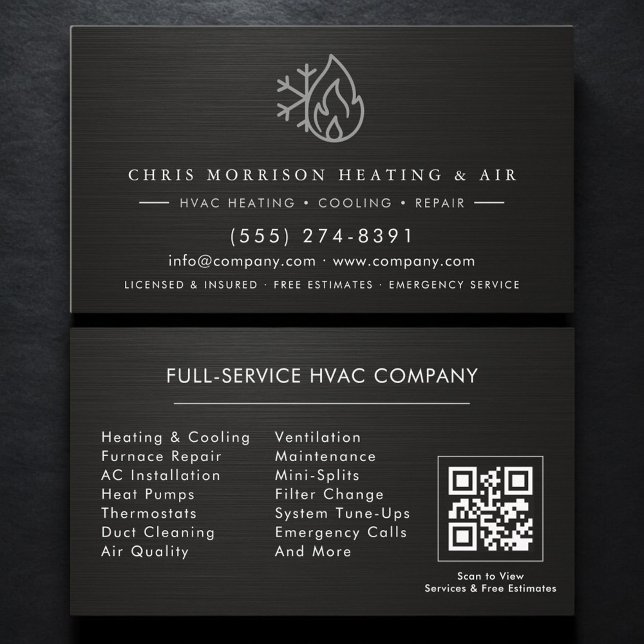 Carte De Visite HVAC Services Metallic QR Code (Créateur téléchargé)