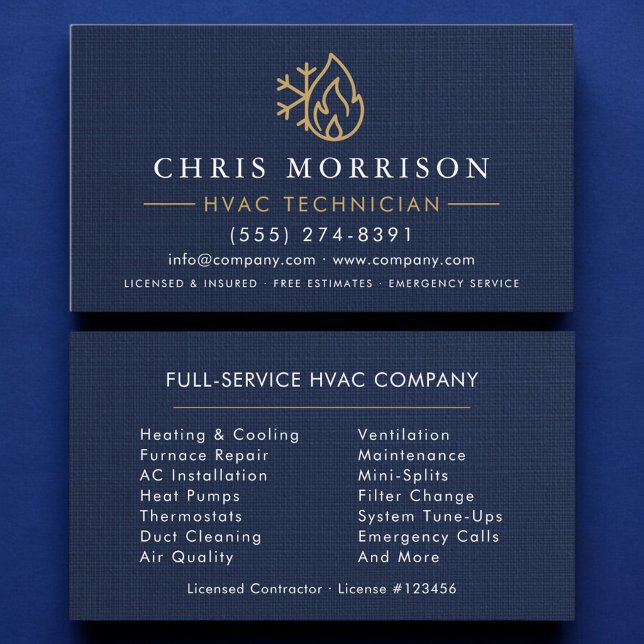 Carte De Visite HVAC Technician Navy Blue Gold Linen (Créateur téléchargé)